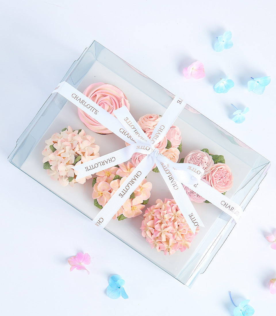 Blossom Bouquet Cupcakes with pink peach floral designs, Charlotte Bakery Mother's Day gift box