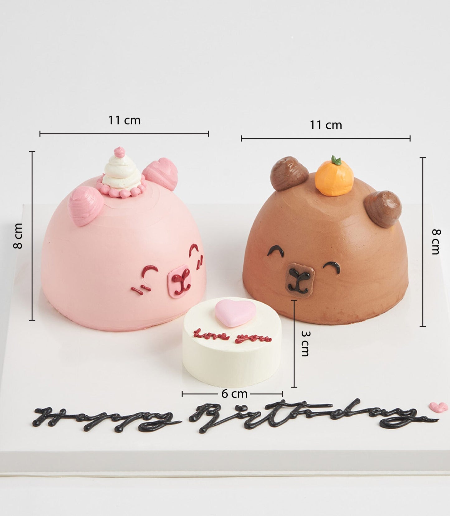 Little Bear mini celebration cakes set with pink and brown character designs, vanilla layer cakes with piped faces and love