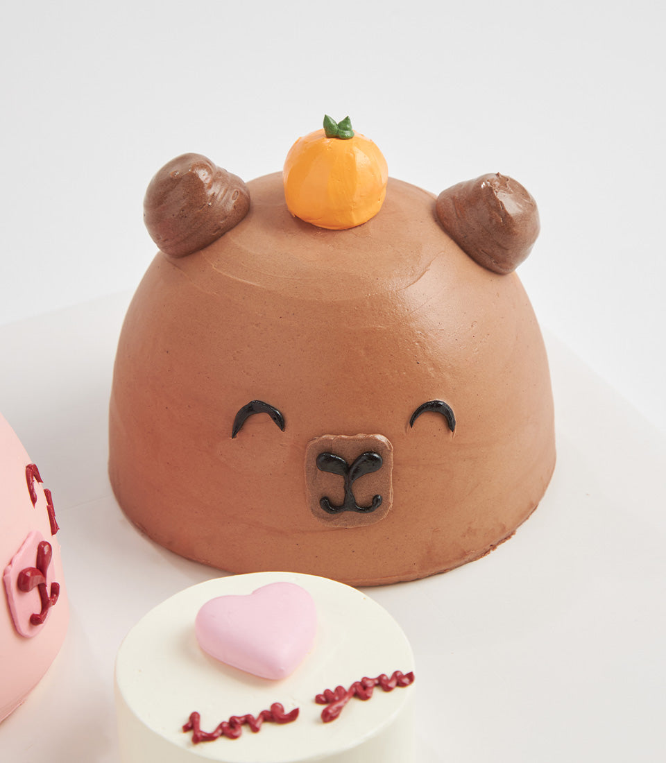 Capybara-themed mini cake with light brown frosting, pink heart cake, and colorful Charlotte Bakery celebration cakes for