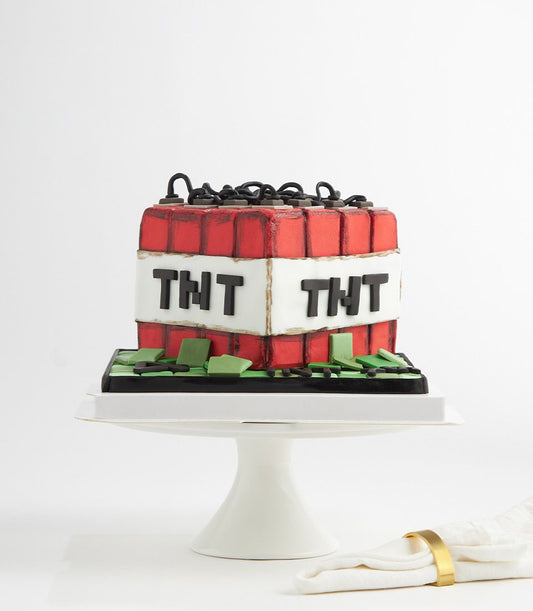 Custom Minecraft TNT block birthday cake with red fondant, white TNT band, and black fuse detail by Charlotte Bakery