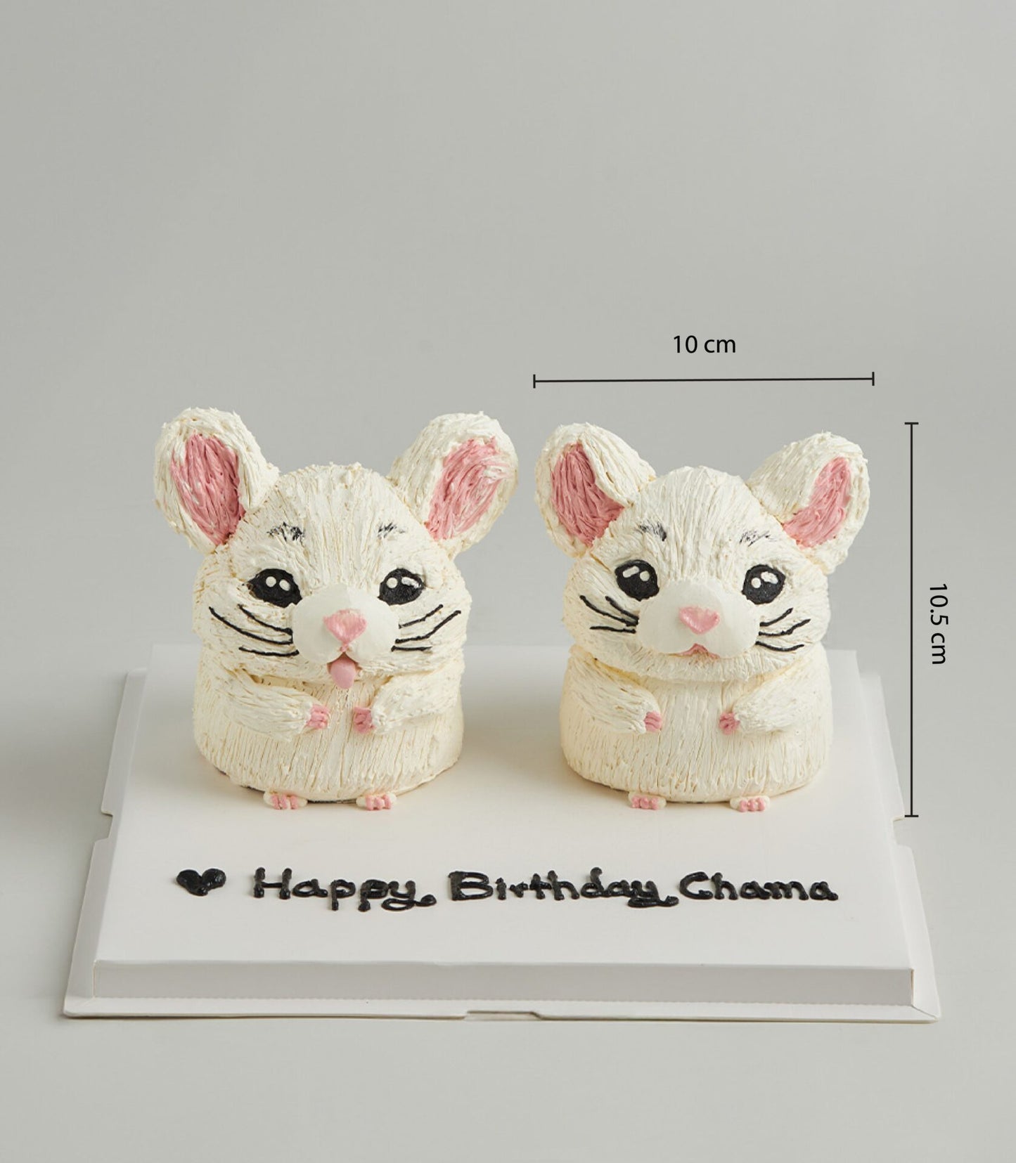 Twin white buttercream chinchilla cakes with pink ears and black frosting details, personalized birthday message on board