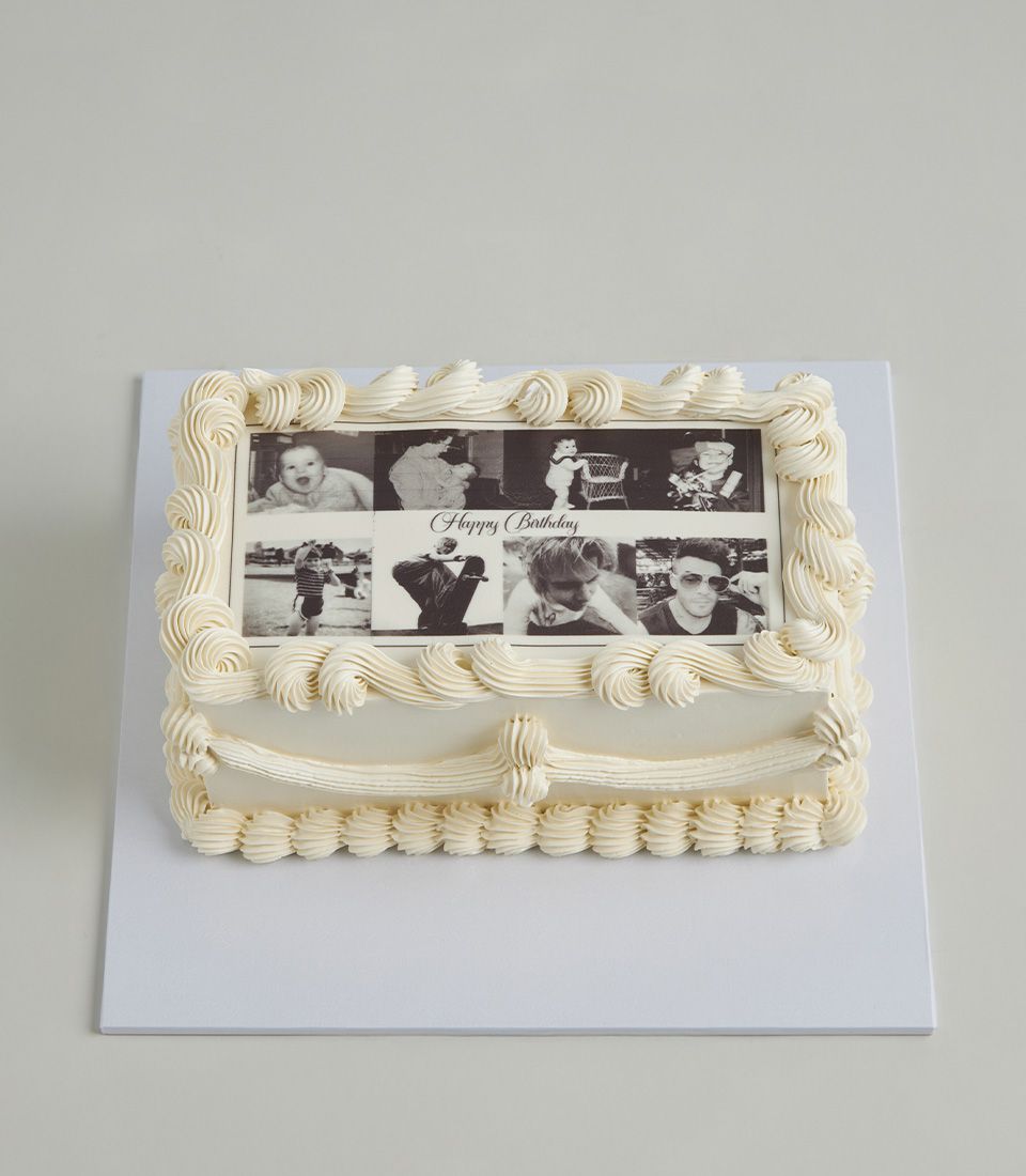 Lemon Zest layer cake with cream frosting, edible photo collage and Happy Birthday message