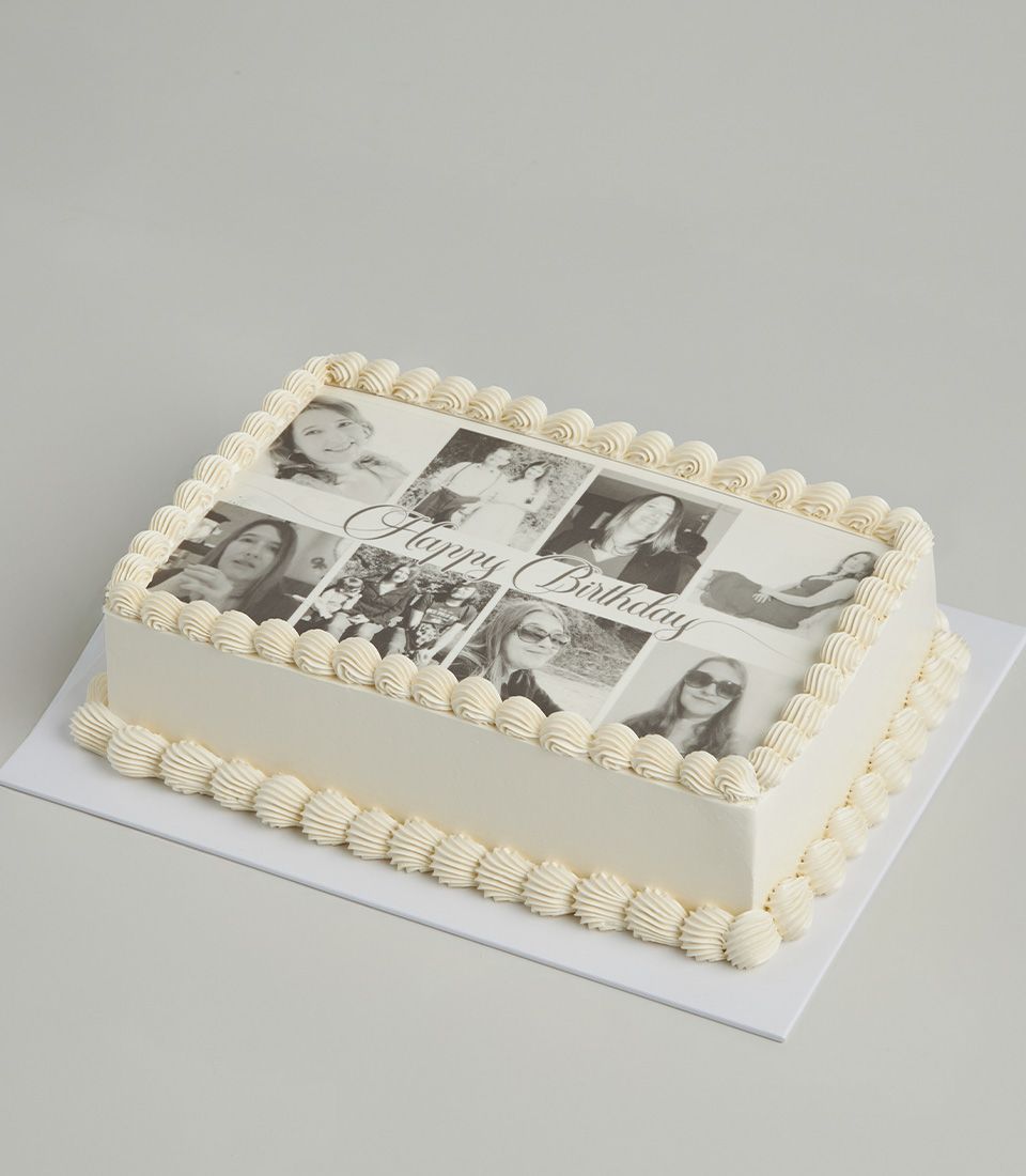 Personalised vanilla layer cake with edible photo collage and white rosette piping, custom birthday design for women