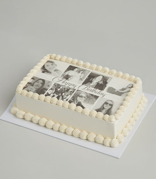Personalised vanilla layer cake with edible photo collage and white rosette piping, custom birthday design for women