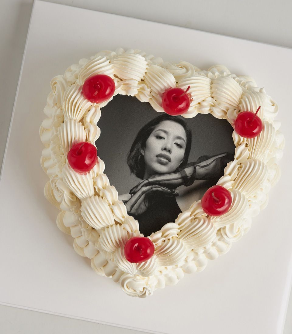 Vintage cherry heart edible photo cake with red cherries and custom black and white portrait image