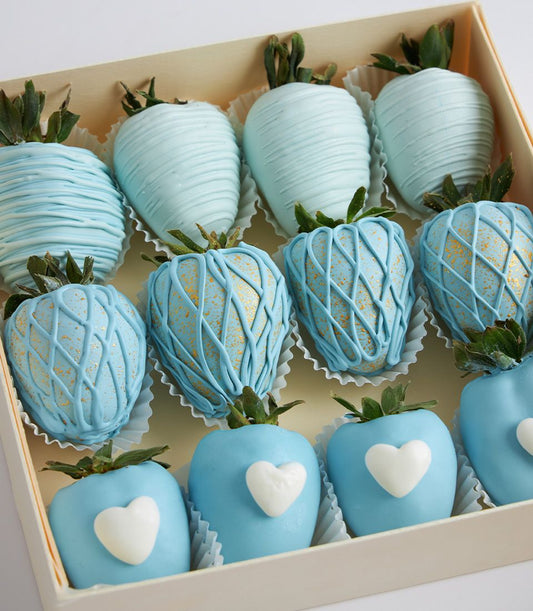 Luxury chocolate-covered strawberries gift box with blue coating and heart designs, artisan Mother's Day present
