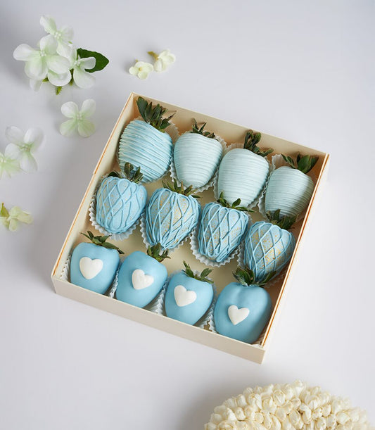 Luxury chocolate-covered strawberries gift box with blue artisan designs and white hearts, twelve-piece Mother's Day