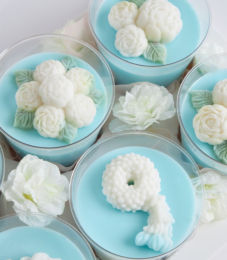 Mini coconut jelly dessert set with floral gelatin decorations for Mother's Day
