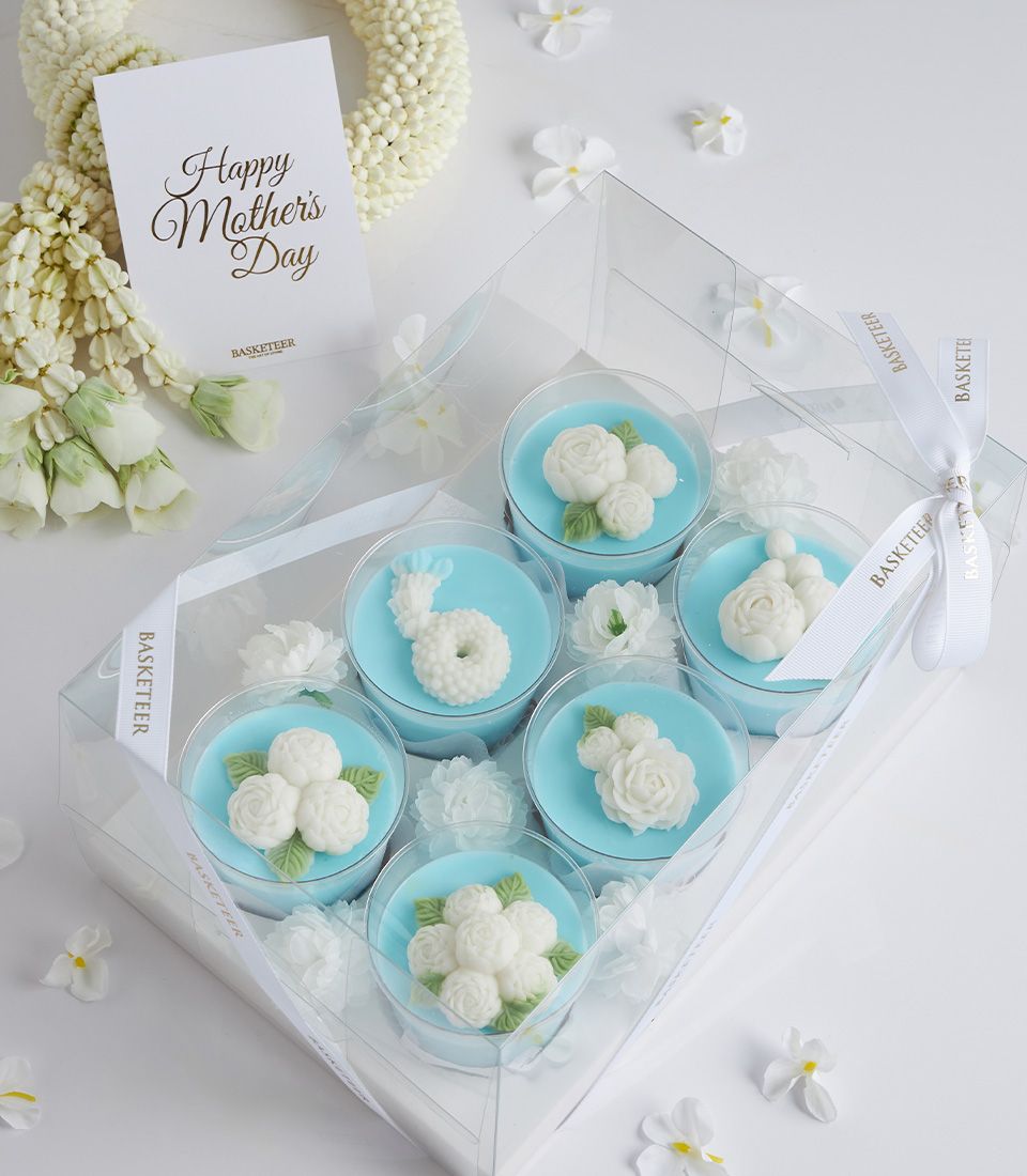 Mini coconut jelly desserts with white floral design in gift box, Mother's Day hamper set
