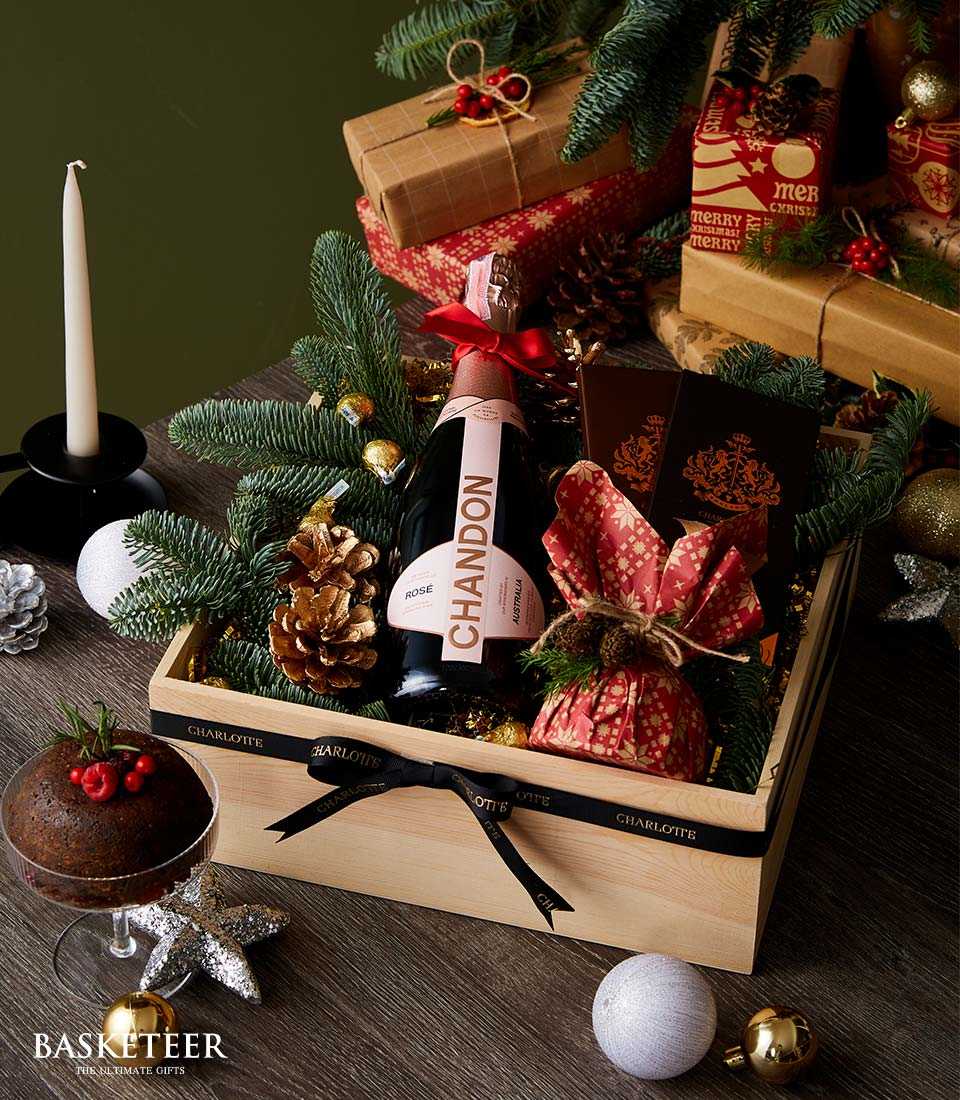 Chandon Rosé sparkling wine festive gift box with luxury chocolates and gold accents, Christmas celebration set
