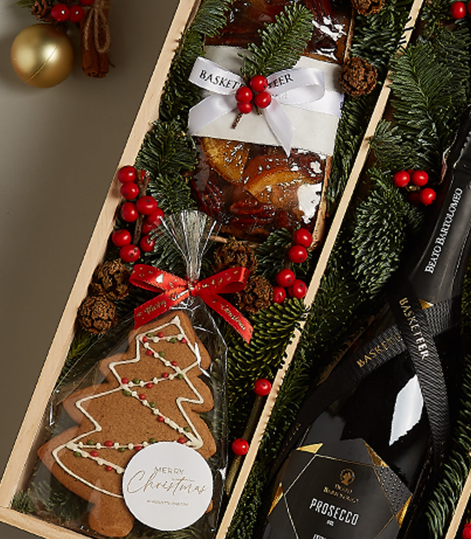 Festive Cheer Deluxe wooden crate with prosecco, gingerbread tree cookie, and berry preserve—Christmas gift hamper