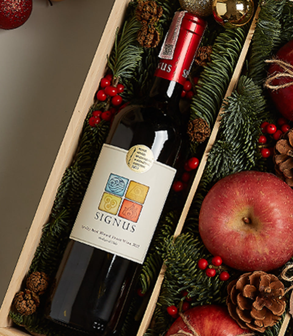 Festive red wine gift box with SIGNUS bottle, fresh apple, pine branches and holiday berries in wooden presentation