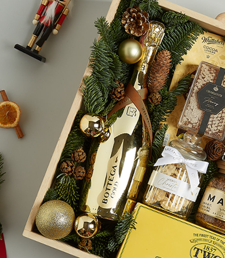 Golden Tea Indulgence gift hamper with prosecco, gourmet tea, coffee and honeycomb in wooden crate