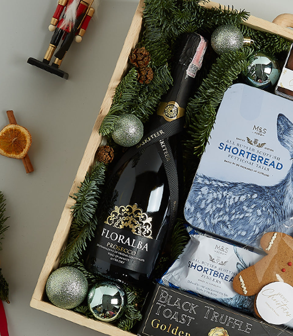 Midnight Elegance Christmas gift hamper with Floralba Prosecco, Scottish shortbread, gingerbread, and festive ornaments in