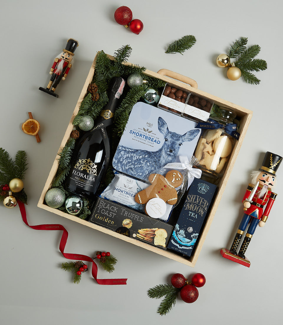 Midnight Elegance Christmas gift basket with Prosecco, gourmet shortbread, truffle toast, and festive holiday treats in