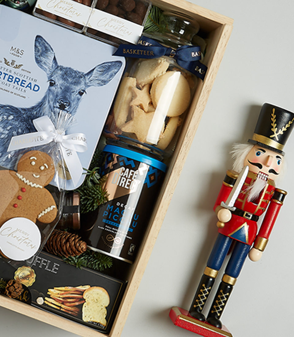 Midnight Elegance Christmas hamper with prosecco, shortbread, gourmet coffee, truffles and festive treats in wooden crate