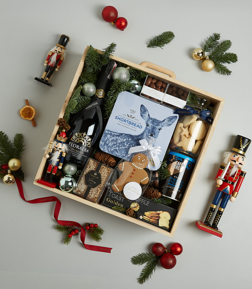 Midnight Elegance Christmas hamper with Floralba Prosecco, Scottish shortbread, truffles, and coffee in wooden crate with
