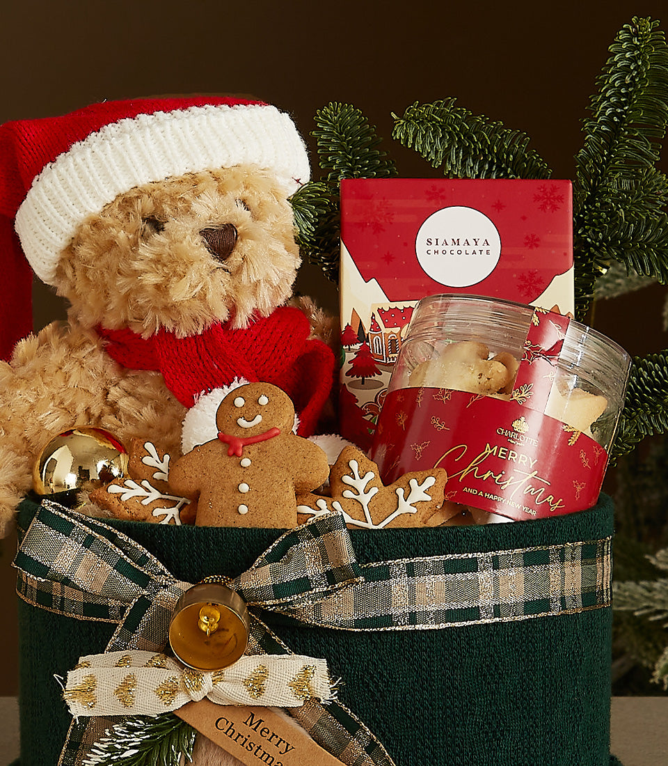 Brown teddy bear in Santa hat and scarf with gingerbread cookies, chocolate, and festive treats in dark green Christmas gift