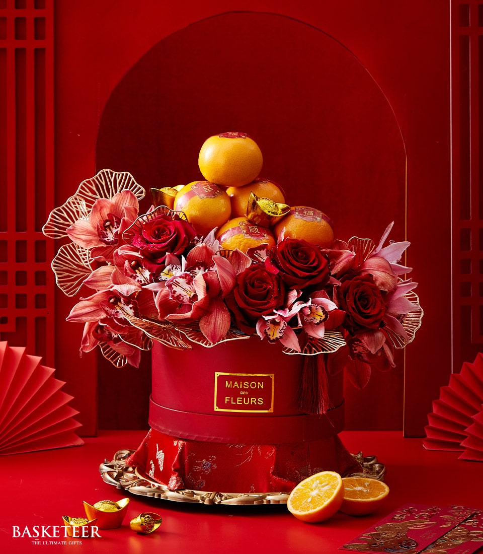 Luxury red roses and orchids with mandarin oranges and gold accents in red hatbox, Chinese New Year gift arrangement