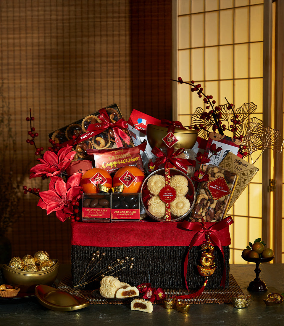 Luxury two-tiered black and red Chinese New Year hamper with gourmet treats, chocolates, and golden festive accents