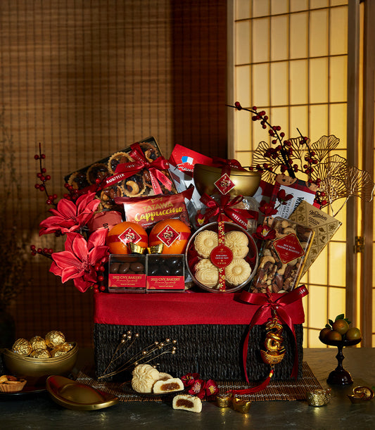 Luxury two-tiered black and red Chinese New Year hamper with gourmet treats, chocolates, and golden festive accents
