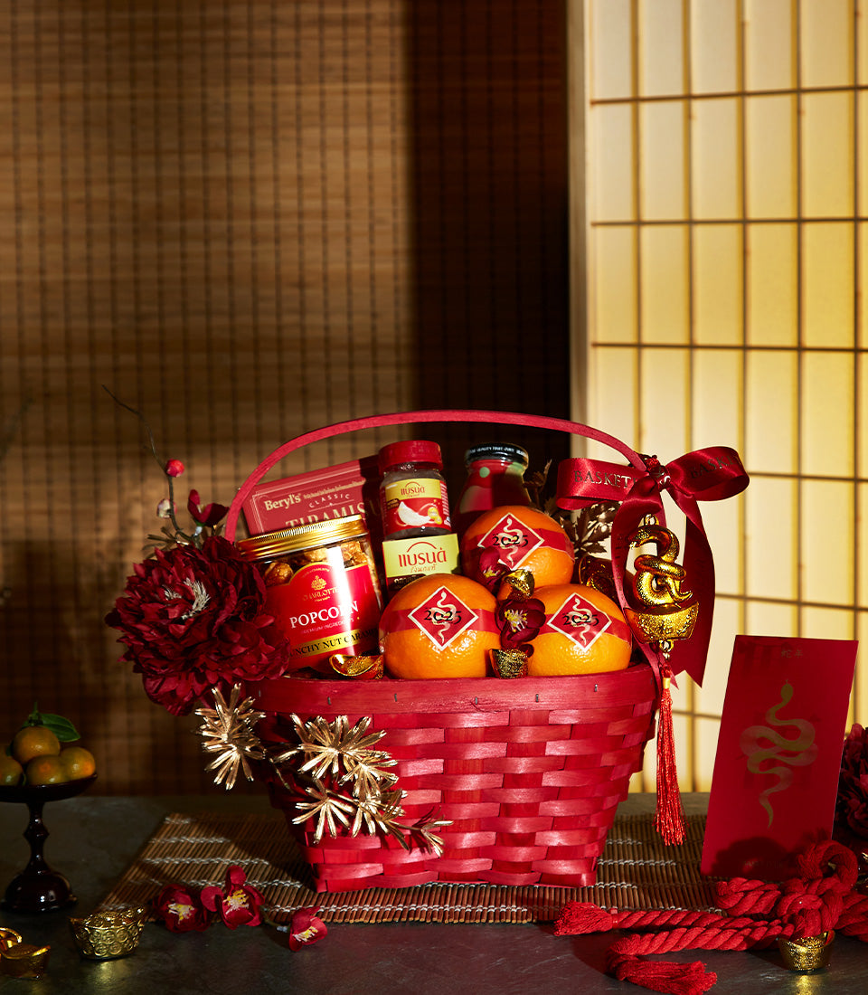 Prosperity Mandarin & Treats Basket with mandarins, gourmet snacks, and festive red and gold décor for Chinese New Year