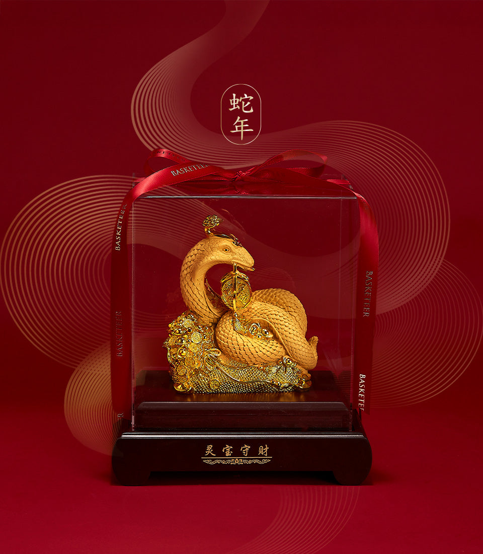 Golden snake figurine with coins in acrylic case, Year of the Snake prosperity gift with red ribbon