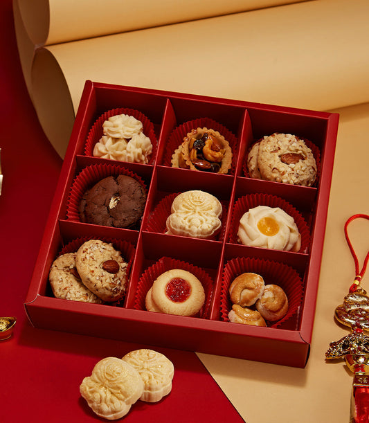Chinese New Year assorted cookies gift box with nine artisan pastries in red fluted cups