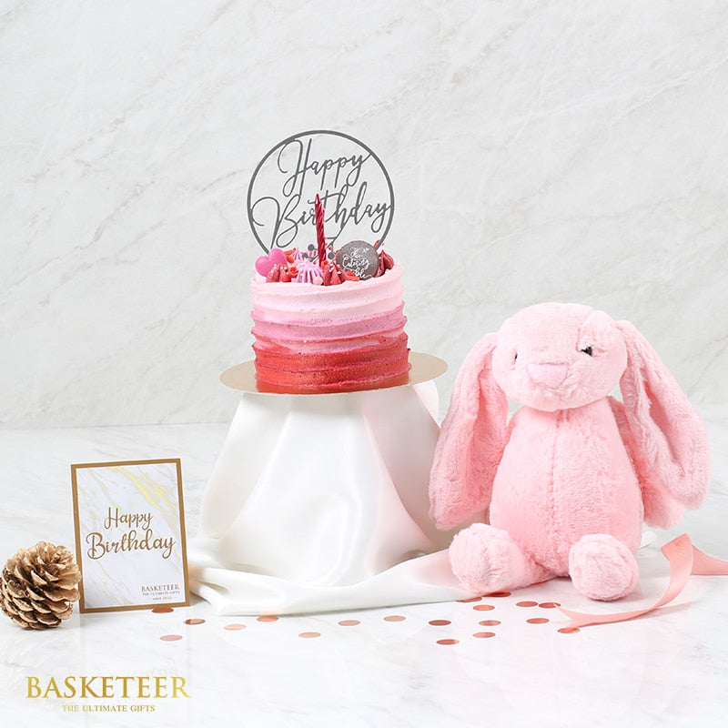 Pink ombre birthday cake with Happy Birthday topper and plush pink bunny gift set