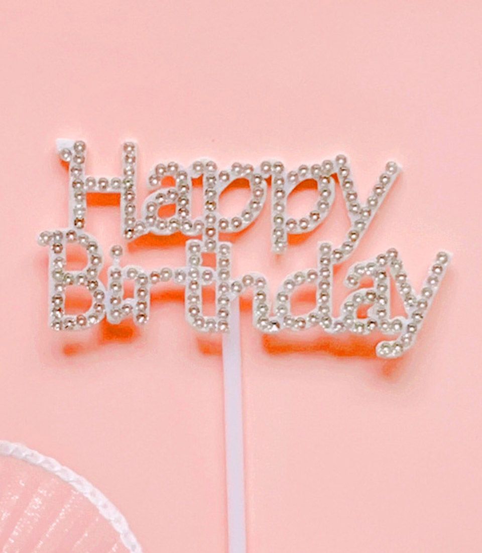 Sparkling crystal Happy Birthday cake topper with rhinestone embellishment and white stick