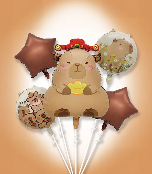 Matte capybara foil balloon set with gold accents and star balloons, festive gift add-on
