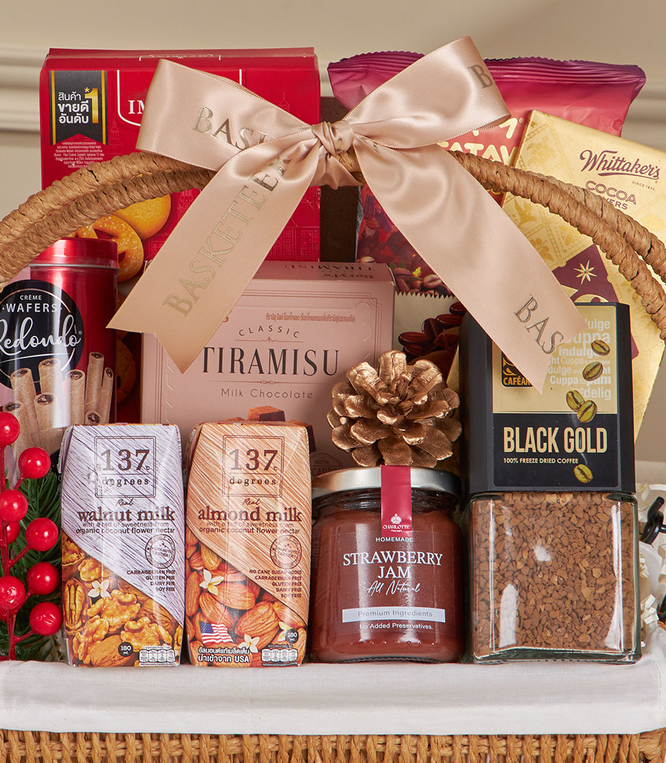 Classic coffee and biscuit gourmet gift basket with tiramisu chocolate, artisan jam, and specialty milk for New Year gifting