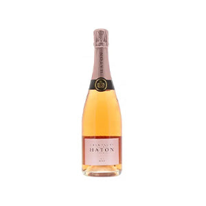 Rosé champagne bottle with pink foil capsule and gold-trimmed label, luxury Christmas wine gift