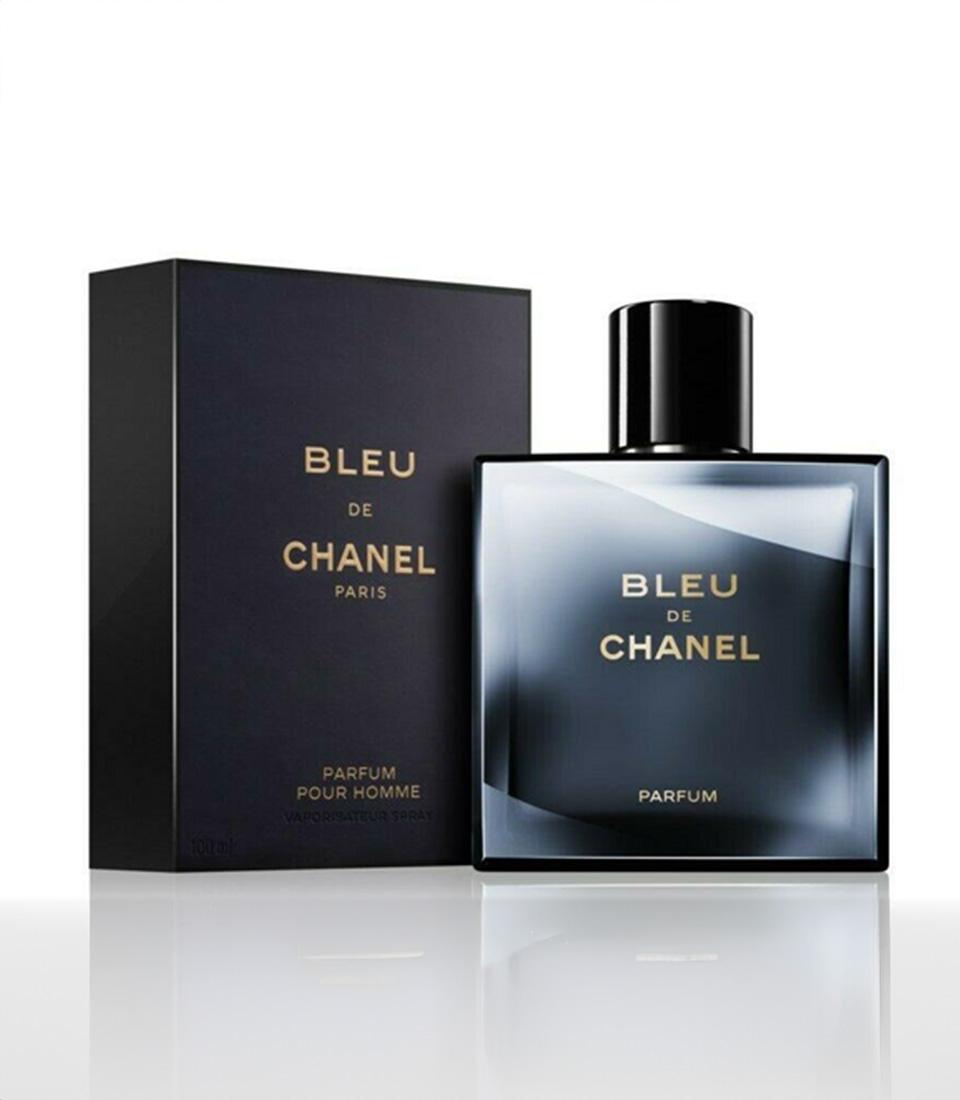 Chanel Bleu de Chanel Parfum 100ml men's fragrance with navy box and gold lettering