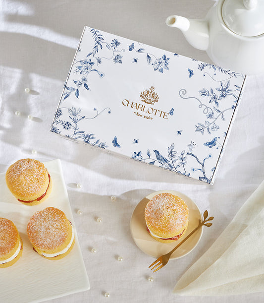 Mini Victoria Sponge Cakes with cream and jam filling, Charlotte Bakery gift box with blue floral design