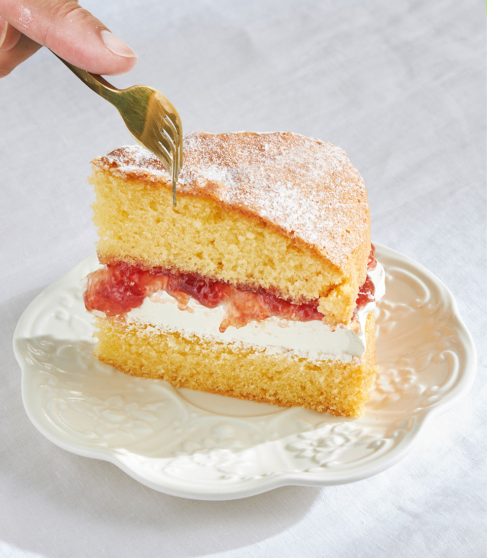 Golden Victoria sponge cake slice with jam and cream filling, dusted with powdered sugar on floral plate