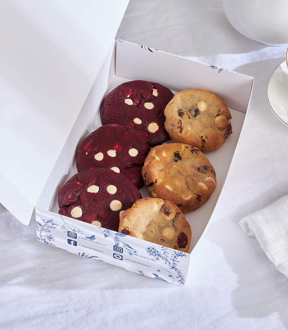 Luxury gift box with red velvet and white choco macadamia cookies, artisan bakery selection