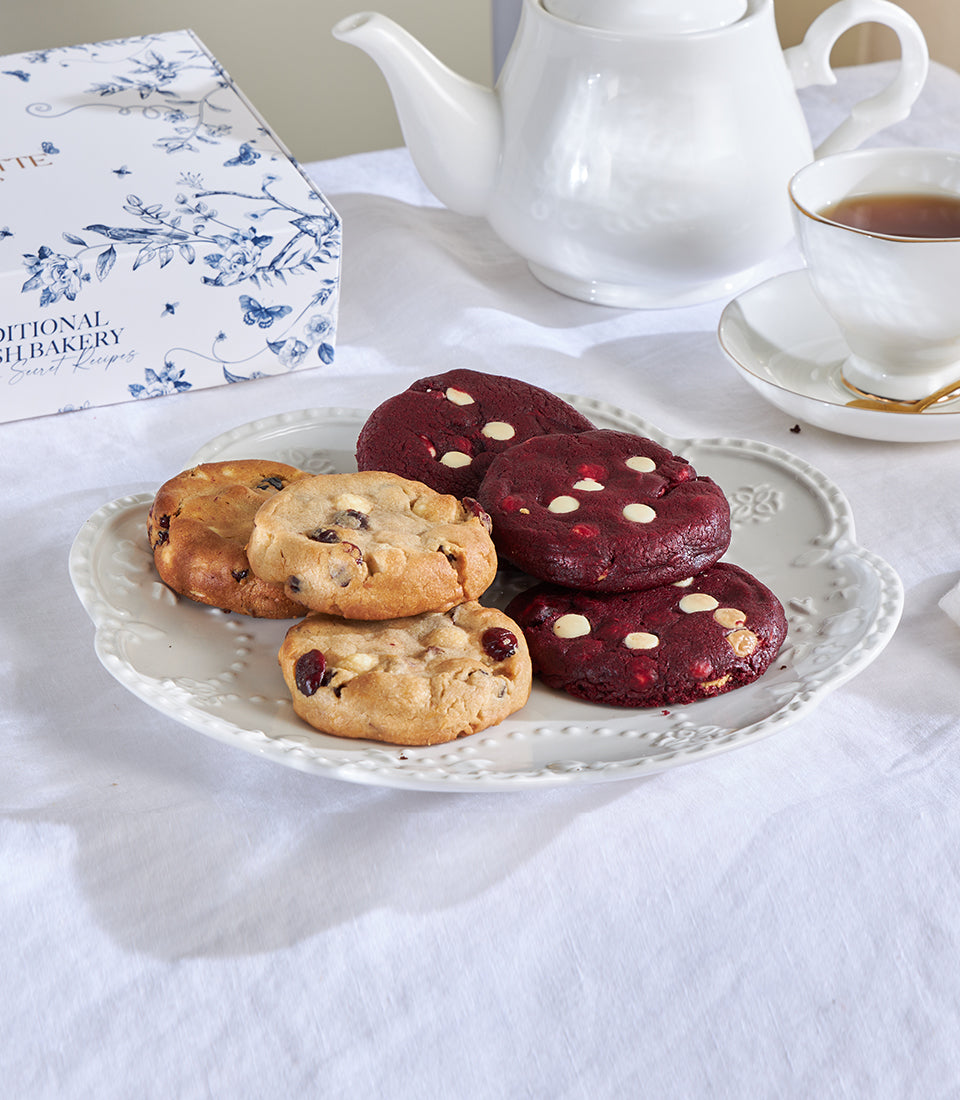 White chocolate macadamia and red velvet cookies with tea service gift set