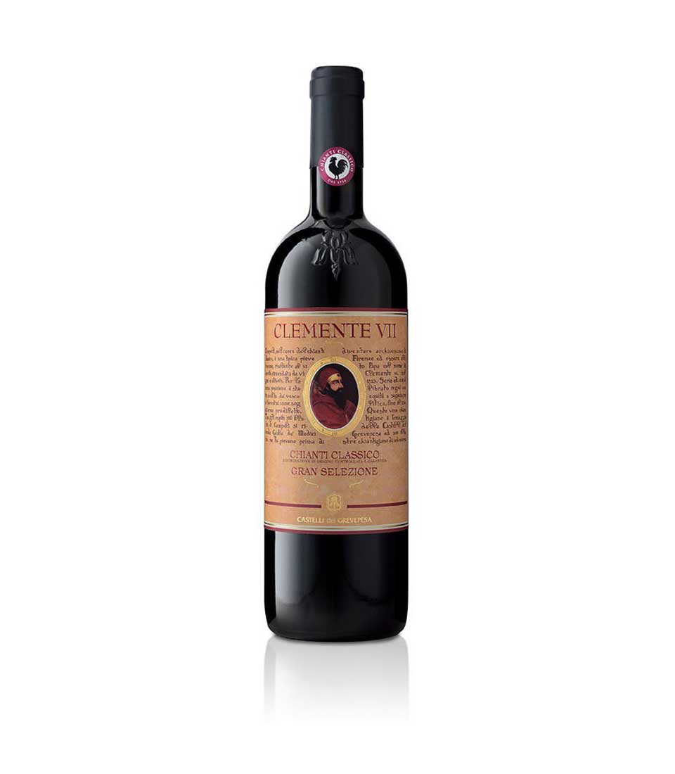 Chianti Classico Gran Selezione red wine bottle with historical label and rooster emblem