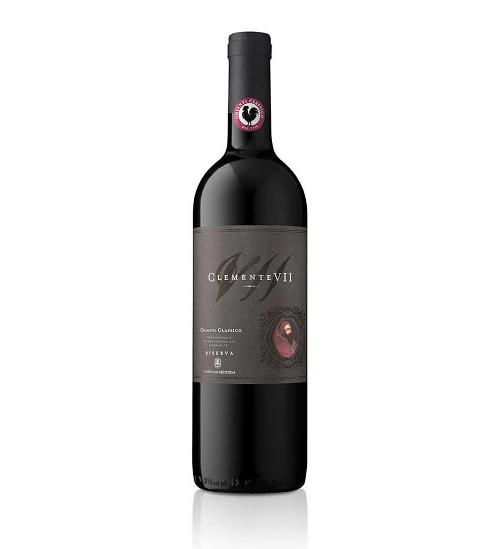Premium Clemente VII Chianti Classico Riserva red wine bottle with dark label and rooster emblem