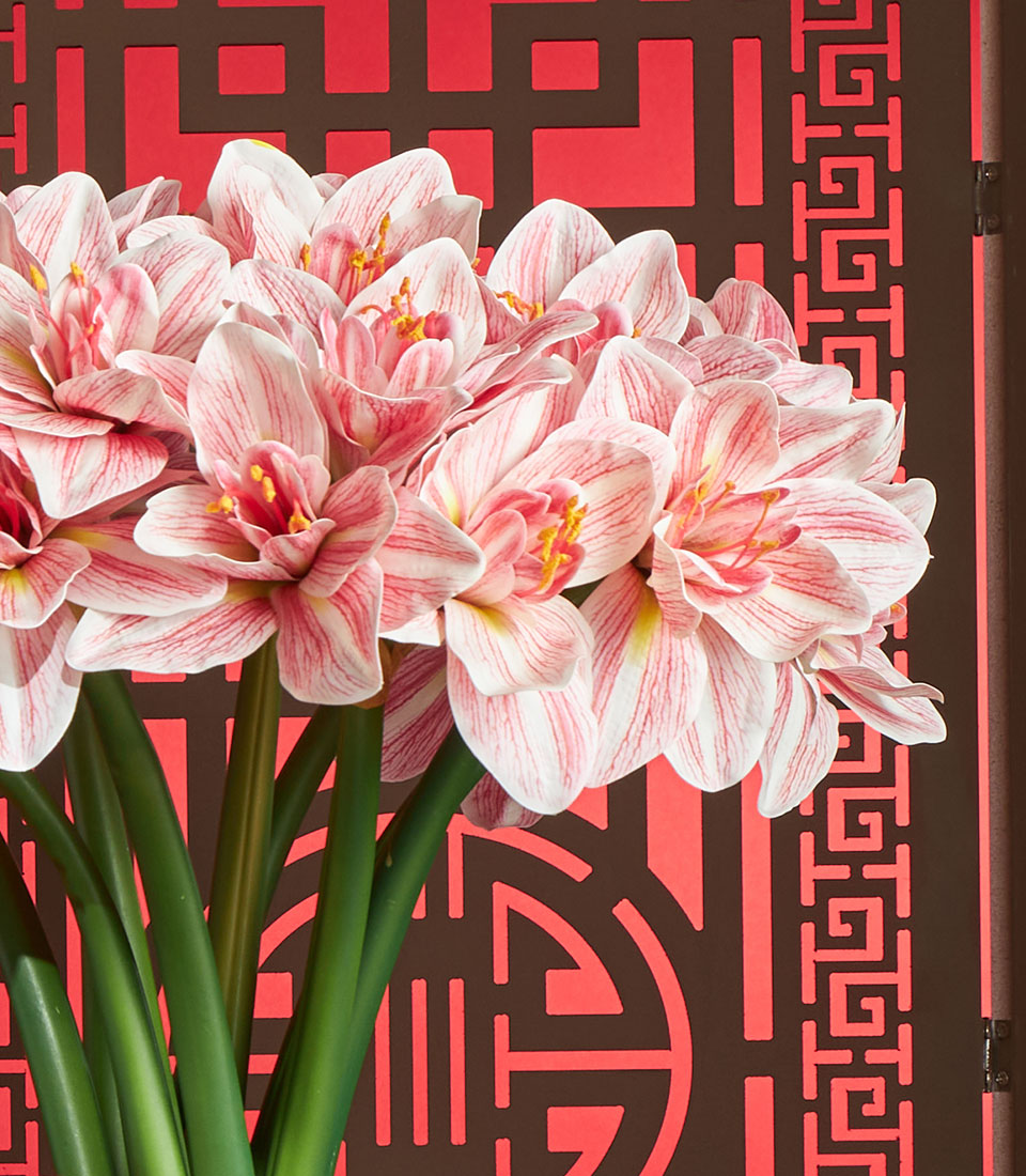 Basketeer Chinese New Year gift: Lush artificial amaryllis arrangement with pink and white blooms. Perfect premium hamper for Bangkok delivery.