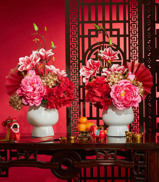 Luxurious Basketeer Chinese New Year gift featuring vibrant red and gold artificial flower arrangements in elegant white vases. A premium hamper for Bangkok delivery.