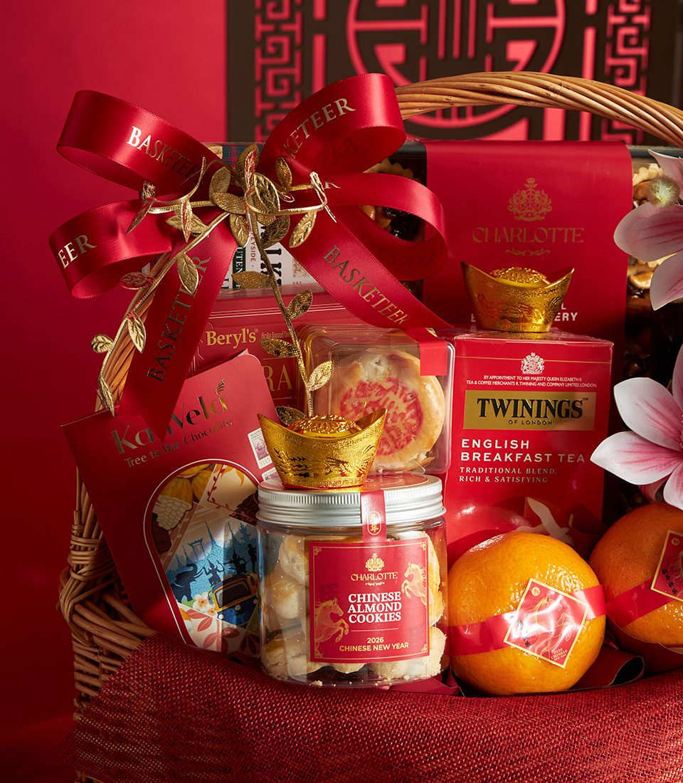 Premium Mandarin orange and gourmet snacks gift basket with almond cookies, chocolate, and tea for Chinese New Year