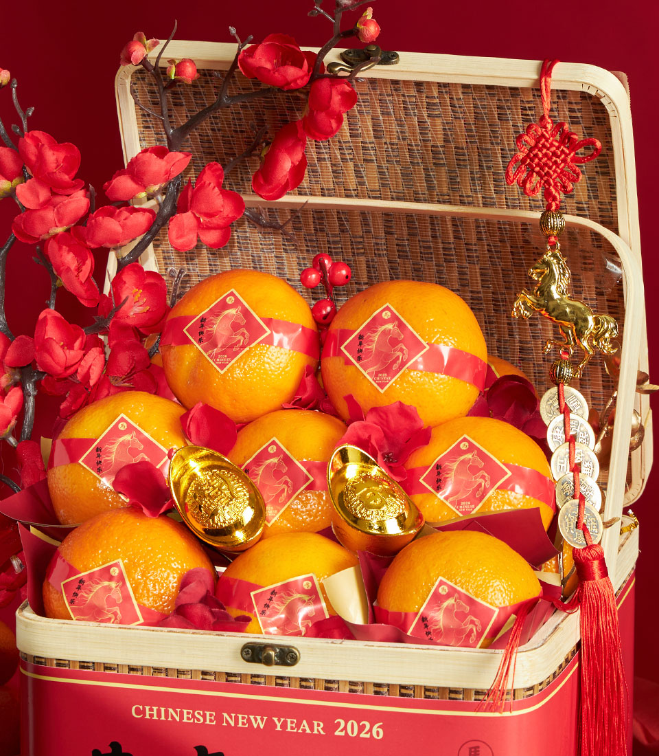 Chinese New Year mandarin orange gift basket with red silk ribbons, gold ingots, and festive decorations in woven wicker