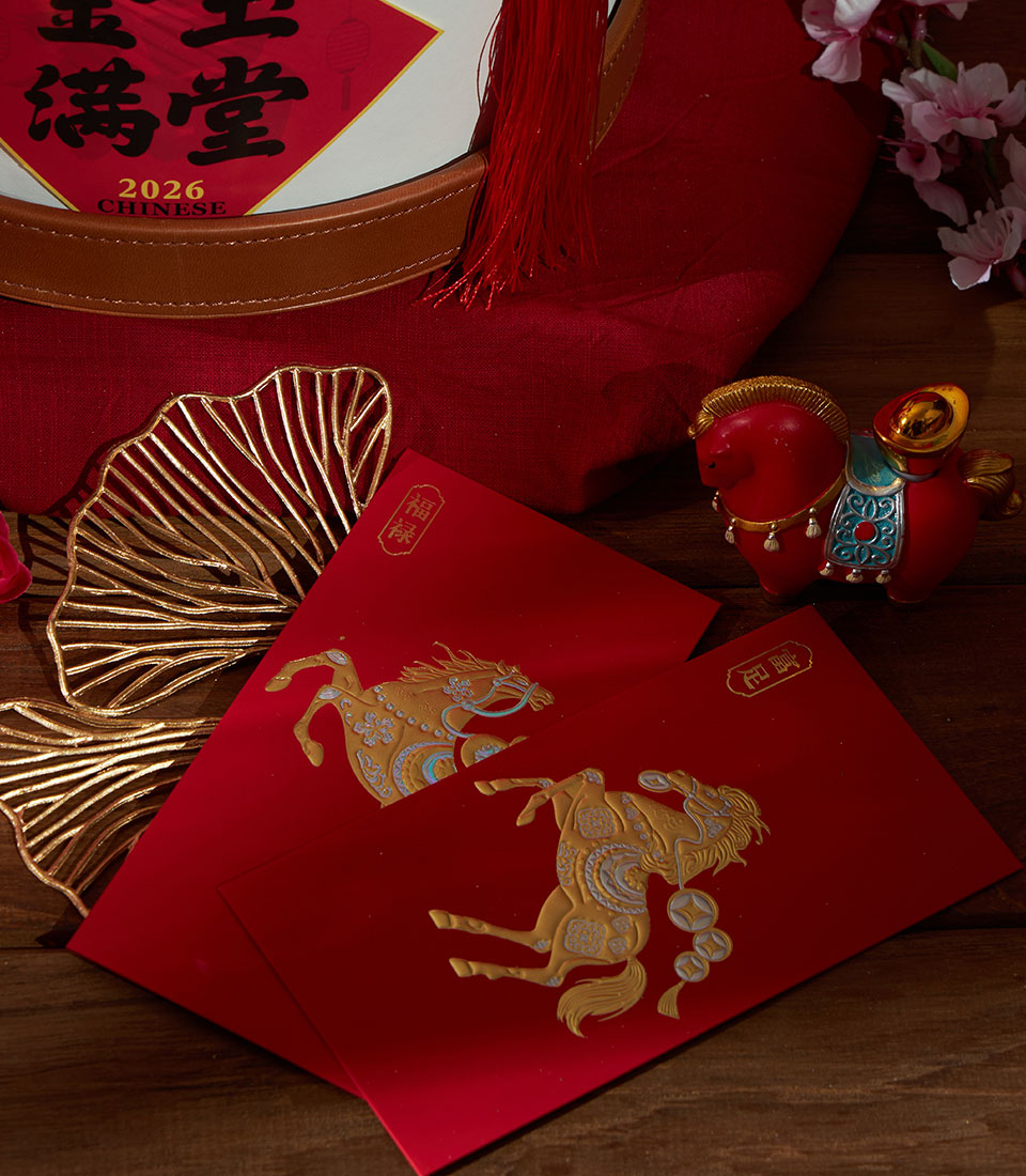 Premium mandarin orange floral gift bucket with Chinese New Year red envelopes, golden horse figurine, and cherry blossoms