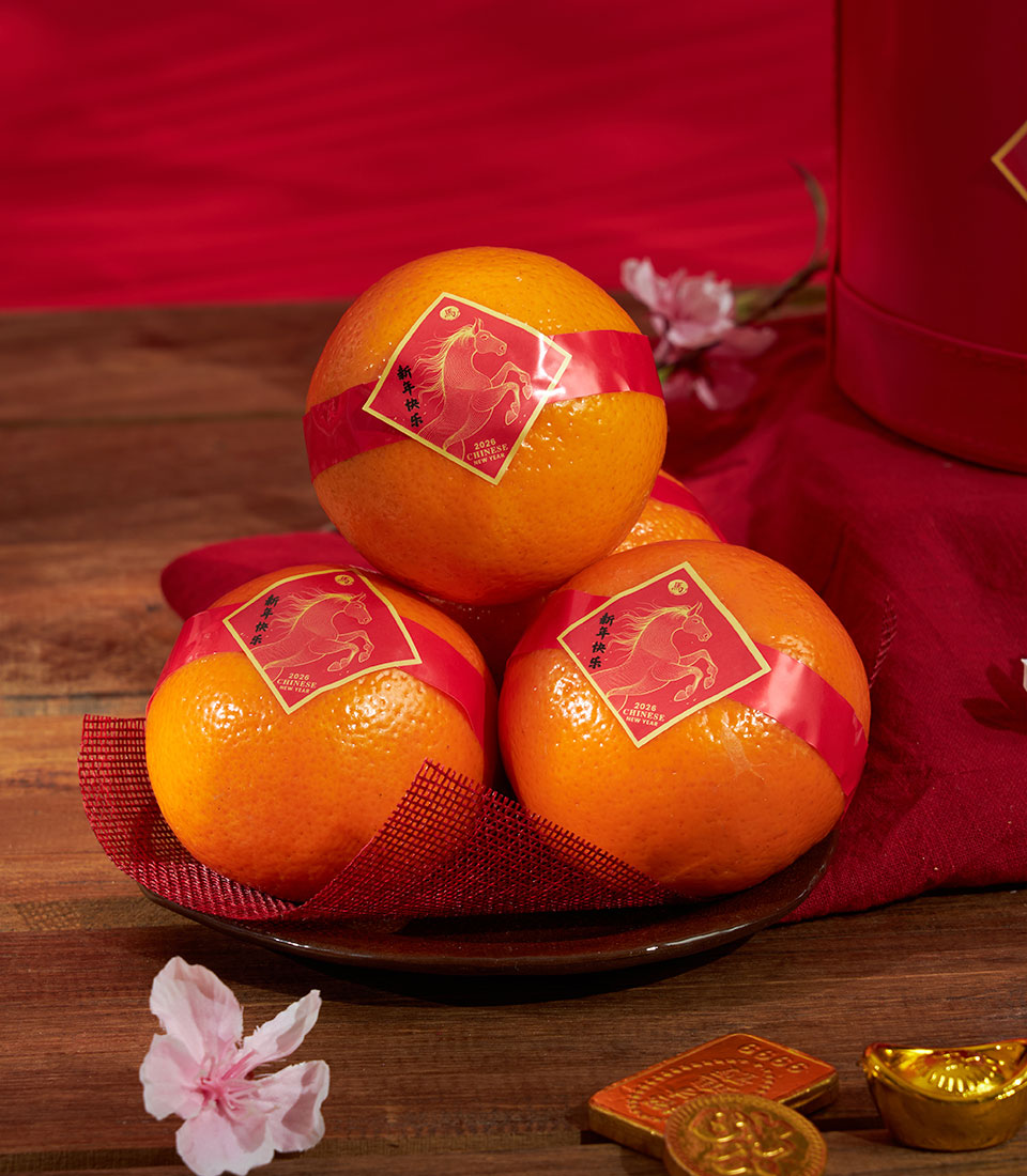 Bright mandarin oranges wrapped in red ribbon with gold horse label in woven gift bag for Chinese New Year prosperity