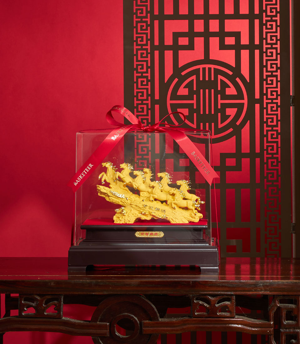 Golden eight horses sculpture in acrylic box, Chinese New Year luxury gift with red velvet base