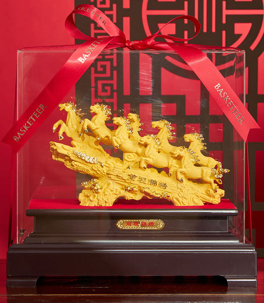 Golden Eight Horses sculpture in clear acrylic box with red satin ribbon, Chinese New Year luxury gift