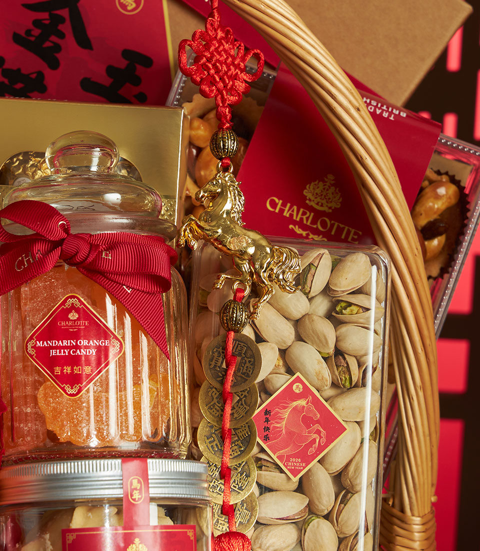 Premium Mandarin Prosperity basket with candies, pistachios, and traditional red Chinese knot for lunar new year