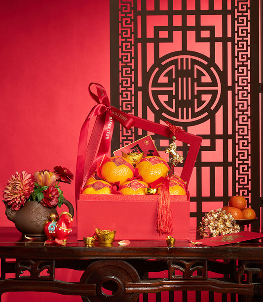 Premium mandarin oranges XL red gift box with red ribbon bow and golden horse charm for Chinese New Year
